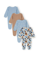 Boys sleepsuits 4-pack light blue with long sleeves built-in feet and press studs 0-24 months in various patterns
