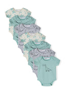 Set of seven short sleeve bodysuits for boys in mint and gray with dinosaur and star prints.