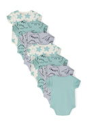 Set of seven short sleeve bodysuits in mint and printed designs, featuring envelope shoulders and press-studs.