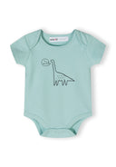 Mint short sleeve bodysuit for boys with dinosaur print and press-studs at the crotch.