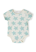 Boys short sleeve bodysuit in mint with star print, front view.