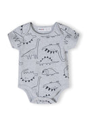Boys short sleeve bodysuit in gray with dinosaur prints, front view, envelope shoulders.