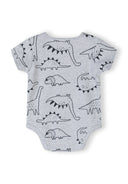 Boys short sleeve bodysuit in gray with dinosaur prints, back view.
