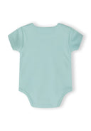Boys bodysuit in mint, back view, short sleeves with envelope shoulders.