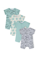 Two short-sleeved rompers for boys in mint green and colorful patterns, featuring press stud fastenings.