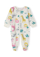 Girls sleepsuits 4 pack long sleeve with feet purple 0-24m in soft cotton, featuring colorful animal prints and snap button closure.