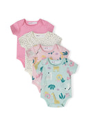 4 pack of girls short sleeve bodysuits in various prints, front view.