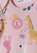 Girls short sleeve bodysuits 4 pack purple 0-24m featuring playful animal prints on soft pink cotton jersey for infants. 