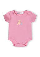Girls short sleeve bodysuit in pink with a printed design, close-up view.