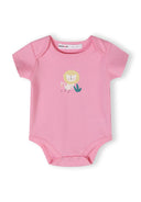 Girls short sleeve bodysuit in pink with lion print, front view, features envelope shoulders and snap closure.