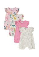 Set of four girls' rompers with frill sleeves, featuring colorful patterns on a purple base.