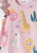 Girls rompers frill sleeves purple 0-24m with colorful animal prints and soft cotton texture.