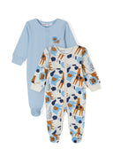 2-pack of boys' long sleeve sleepsuits, light blue and patterned, front view, with integrated feet.