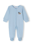 Boys 2 pack long sleeve sleepsuits with feet light blue 0-24m, soft cotton material with playful dog embroidery, ideal for infants.