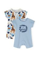 Two baby boys' short sleeve rompers in light blue and patterned design, front view.