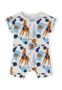 Boys 2 pack short sleeve rompers light blue 0-24m featuring playful animal patterns on a light base. Soft cotton fabric designed for comfort.