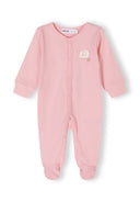 Girls long sleeve sleepsuit in light pink with press stud fastenings and enclosed feet.