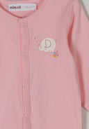 Detail of a light pink long sleeve sleepsuit for girls with elephant print and press stud fastenings.