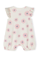 Girls 2 pack romper set frill sleeves light pink 0-24m. Soft cotton romper with floral pattern, frilled sleeves, elasticated leg trims.