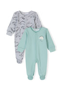 Two long-sleeved boys' sleepsuits in grey with dinosaur print and mint green, front view.