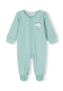 Boys long-sleeved sleepsuit in light blue with dinosaur print, front view, press stud fastening.