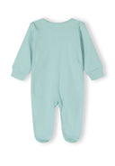 Back view of a mint green long-sleeved sleepsuit for infants, featuring foot coverage and cuffed sleeves.