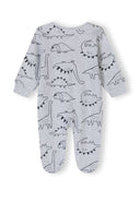 Back view of grey long-sleeved sleepsuit for boys with dinosaur print.