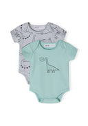 Two short sleeve bodysuits for boys, one grey with dinosaur print, one mint green with a dinosaur graphic, front view.