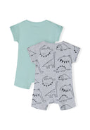 Boys' 2-pack short sleeve rompers, one grey patterned and one mint green, back view.