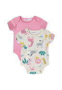 Two-pack of girls short sleeve bodysuits in pink and patterned cream, featuring envelope shoulders and press-studs.