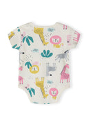 Girls short sleeve bodysuits 2 pack purple 0-24m featuring colorful animal prints on soft cotton fabric for infants.