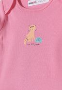 Girls short sleeve bodysuit in pink with playful cat print, soft cotton for ages 0-24m. Features cute graphic saying 'love your friends'.