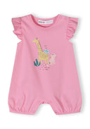 Girls romper 2 pack frill sleeves purple 0-24m. Pink romper with frilled sleeves, playful giraffe design, and elasticated trims for comfort.