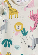 Minoti girls romper 2 pack frill sleeves purple 0-24m featuring colorful animal print with frilled sleeves.  Designed for comfort and play.