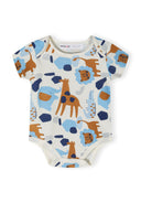Boys short sleeve bodysuit in light blue with animal prints, front view.