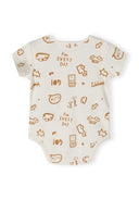 Boys short sleeve bodysuit in light blue with playful prints, back view.