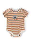 Boys short sleeve bodysuit in striped brown with lion print, close-up view.