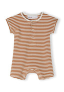 Beige and orange striped boys short sleeve rompers with print, made from soft cotton, suitable for ages 0-24m.