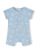 Boys short sleeve rompers with print beige 0-24m featuring playful blue patterns, soft cotton material for comfort and movement.