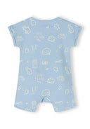 Boys short sleeve rompers with print beige 0-24m in light blue featuring playful vehicle designs. Made from soft cotton for comfort.