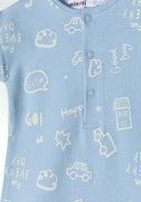 Boys short sleeve rompers with print beige 0-24m, featuring colorful patterns on soft cotton in light blue.