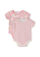 Two-pack of girls' bodysuits in light pink with short sleeves and playful prints.