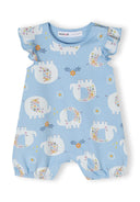 Girls 2 pack frill sleeve rompers light blue 0-24m with playful elephant patterns and frilled sleeves for summer comfort.