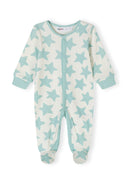 Mint long sleeve sleepsuit for boys with footed legs and star pattern, front press stud fastening.