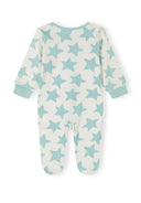 Back view of boys' long sleeve sleepsuit with footed legs and star pattern.