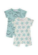 Two short sleeve rompers for boys in mint with dinosaur and star patterns, front view.