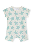 Boys rompers 2 pack short sleeves mint 0-24m with light mint star patterns, soft cotton for infants, easy front press studs.