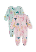 2-pack of girls' long-sleeved sleepsuits in mint and pink, featuring animal prints and integrated feet.
