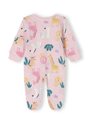 Back view of a girls' long-sleeve sleepsuit in pink with animal print and integrated feet.