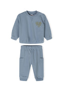 Boys long sleeve sweatshirt and jogger set in blue, featuring ribbed cuffs and elasticated waistband.